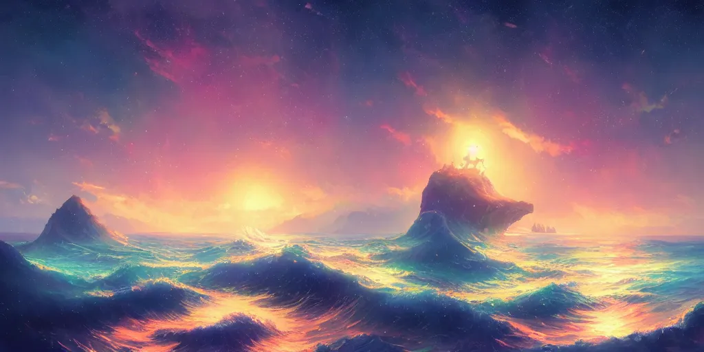 Prompt: a perfect illustration of stars and the sea, colorful and colorful, 4 k, japanese fairy tale fantasy style ， by andreas rocha tends to artstation, super wide angle, light effect