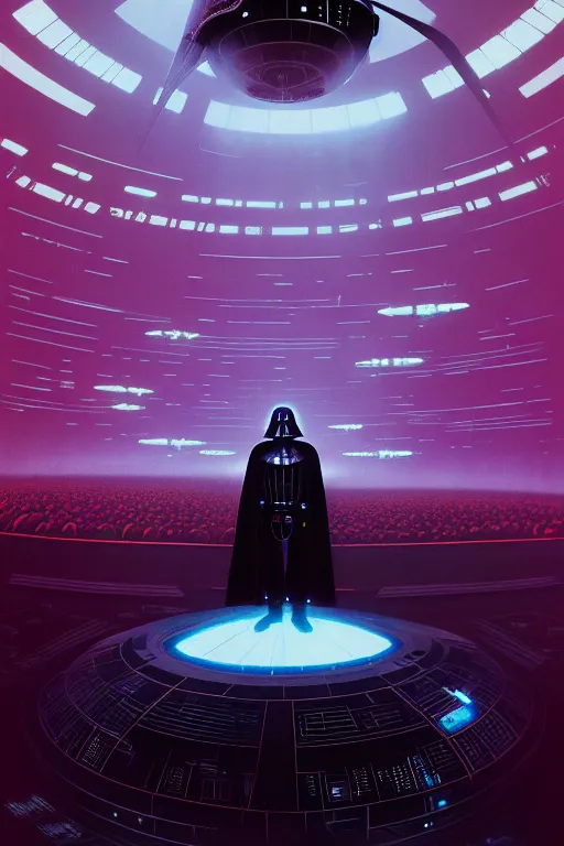 Image similar to darth vader dj standing on a giant science fiction turntable at a rave on the deathstar, syd mead, dynamic lighting, digital art, winning award masterpiece, fantastically beautiful, illustration, aesthetically inspired by beksinski and dan mumford, moebius, trending on artstation, art by greg rutkowski, 8 k
