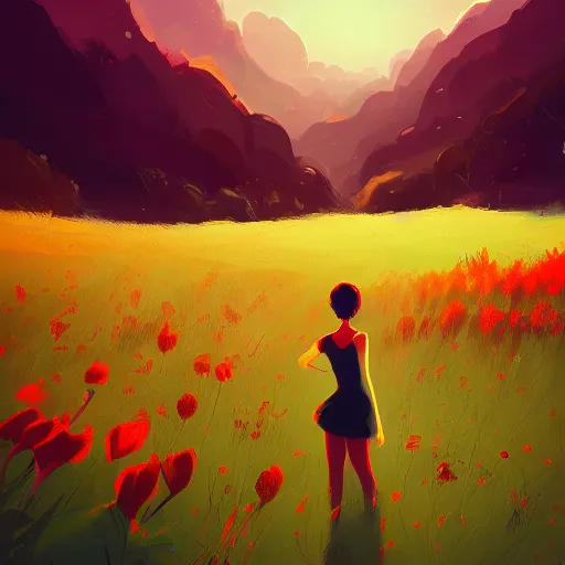 Image similar to red flower field, small white girl figure in the background, highly detailed, artstation, by Anton fadeev