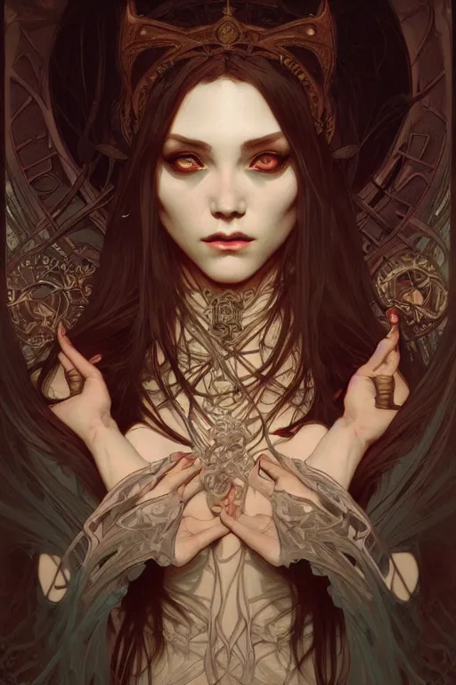 Prompt: witcraft, the occult, horrific, dark fantasy, intricate, elegant, highly detailed, digital painting, artstation, concept art, matte, sharp focus, illustration, art by artgerm and alphonse mucha