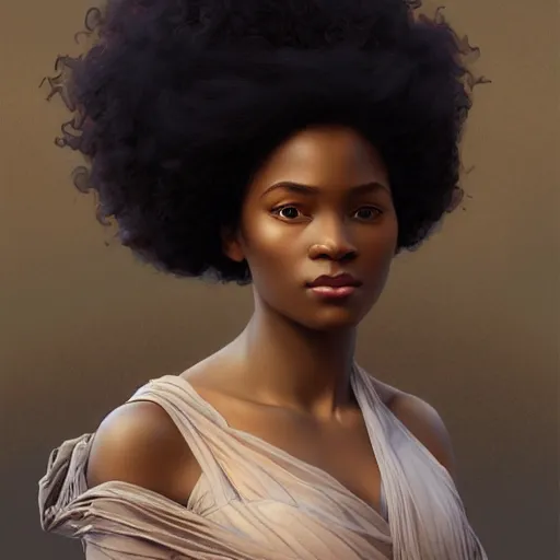 Image similar to portrait of an afro goddess, intricate, elegant, highly detailed, digital painting, artstation, concept art, smooth, sharp focus, illustration, art by artgerm and greg rutkowski and alphonse mucha and william - adolphe bouguereau