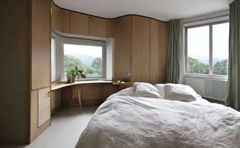 Image similar to art deco elegant bedroom interior, white, beige, slate, bed, walnut wood, bright, retro chic, minimalistic, swedish design, cupboards, giant windows with a view on green lush trees, sunset