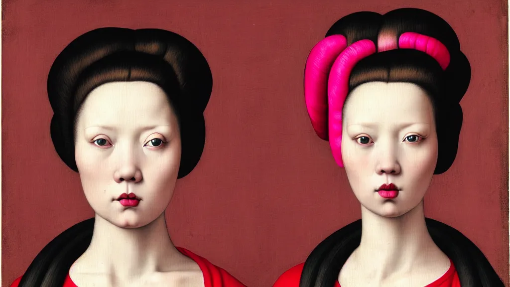 Image similar to portrait of a curvy woman with pink hair buns, wearing a red t - shirt, standing in a botanical garden, intricate details, high detail, in the style of rogier van der weyden and jacopo da pontormo, by mark ryden, punk, asian art,