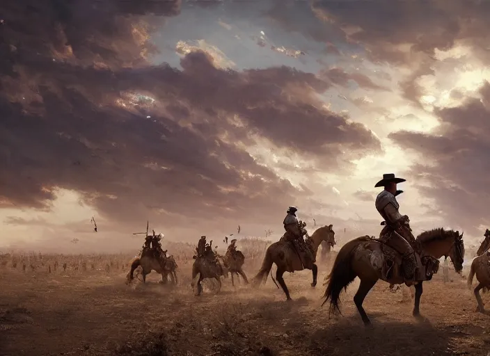 Prompt: cinematic wide shot of hundreds of cowboy outriders on horseback wearing suits of armor and cowboy hats riding into battle against the enemy, by Greg Rutkowski, 4k, masterpiece