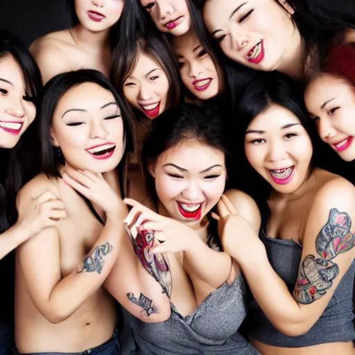 Image similar to large group of young eurasian women, tattoos, laughing, drinking wine, taken in photo studio, photorealistic, 8k,