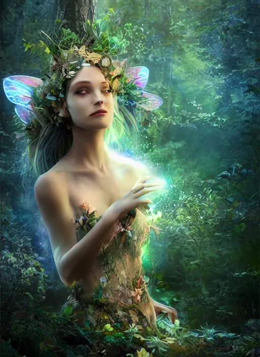 Image similar to beautiful beautiful full body portrait fairy faerie fey fae queen forest spirit highly detailed CGsociety subtle enchanting alluring magical concept art HDR hyper realistic volumetric lighting subsurface scattering unreal