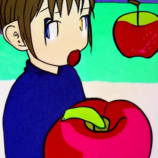 Prompt: crayon eating an apple, anime