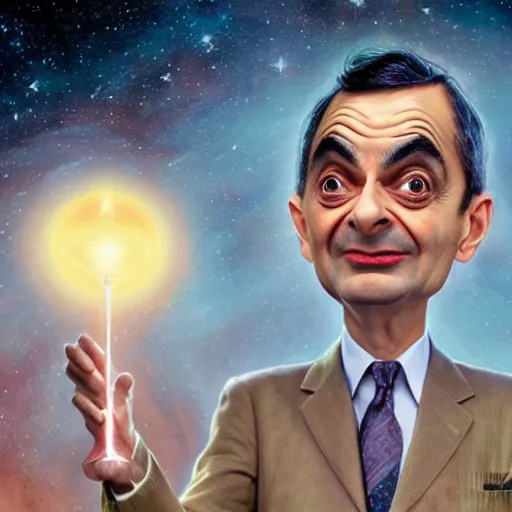 Image similar to beautiful astrotheology esoteric occult art of bionically accurate Mr Bean , award winning high resolution hyper realistic 4k 8k 16k