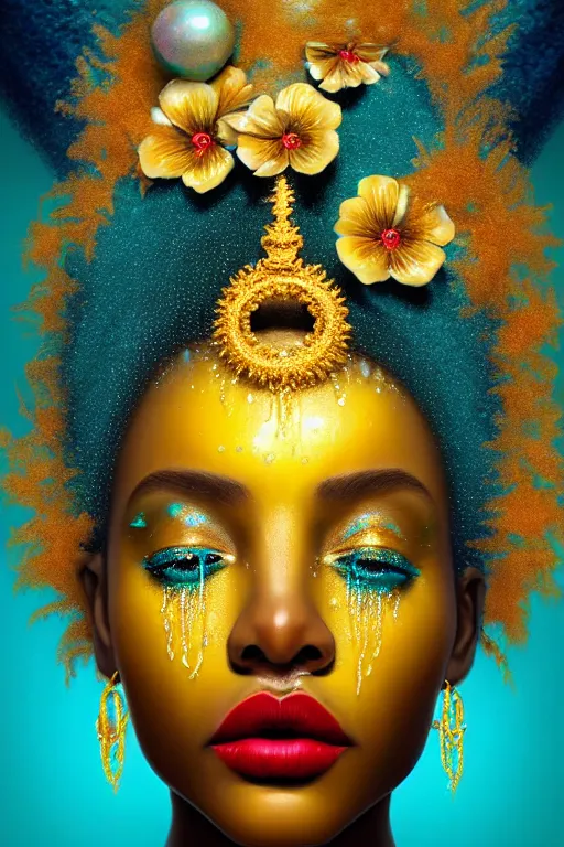 Image similar to hyperrealistic post - symbolist cinematic very beautiful! oshun goddess with white eyes, yoruba body paint, dripping droplet lips, gold flowers, highly detailed digital art masterpiece, smooth etienne sandorfi eric zener dramatic pearlescent soft teal light, ground angle uhd 8 k, sharp focus