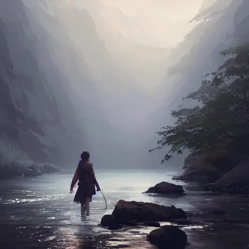 Image similar to crossing a river in avila mountains, 4 k, concept art, by wlop, ilya kuvshinov, artgerm, krenz cushart, greg rutkowski, pixiv. cinematic dramatic atmosphere, sharp focus, volumetric lighting, cinematic lighting, studio quality