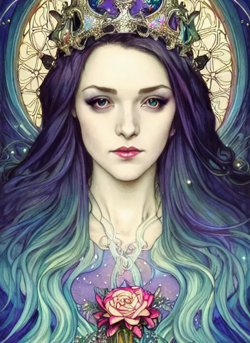 Image similar to fantastic portrait of a beautiftul witch with some shinny star, crown, royally decorated crystal gemstones, symmetrical face, art nouveau, portrait, cute, fairy, by artgerm, kelly mckernan, charlie bowater, alphonse mucha, detailed background, artstation, intricate, elegant, highly detailed, colorful, maximalist