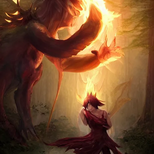 Prompt: fire magician fighting an elemental monster in a forest, by final fantasy, inspired by final fantasy, by charlie bowater, realistic, highly detailed, trending on artstation, 4 k, ultra detailed, soft light