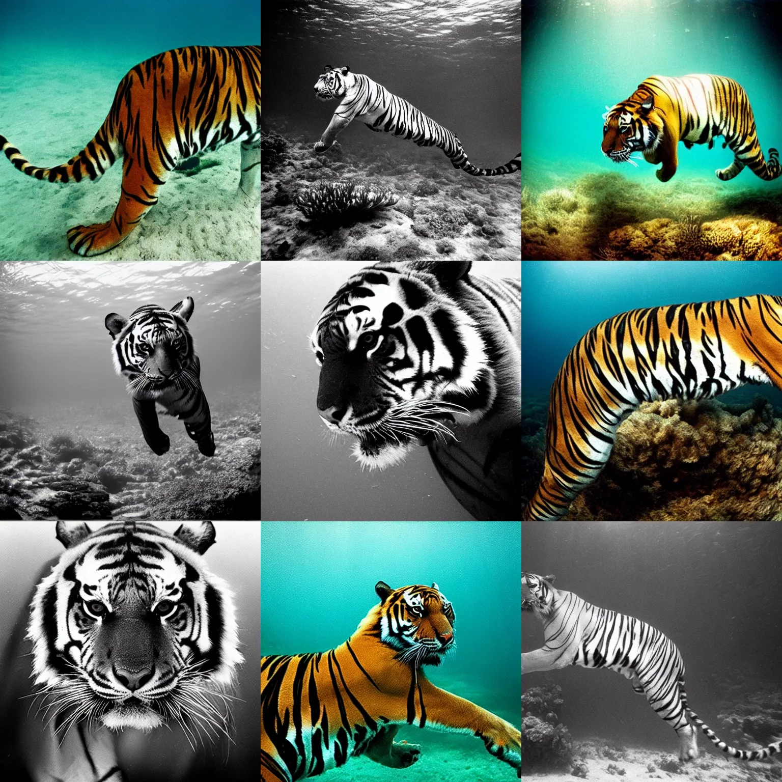 Prompt: underwater photo of a tiger, by trent parke, overexposed