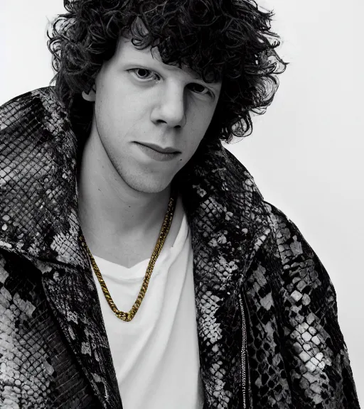 Image similar to detailed attractive characther portrait of jesse eisenberg wearing oversized snake skin jacket and golden chain, realistic, wide angle, dramatic light 8 k