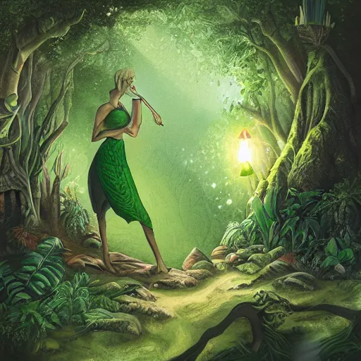 Image similar to a green genie deep in the forest, fantasy illustration