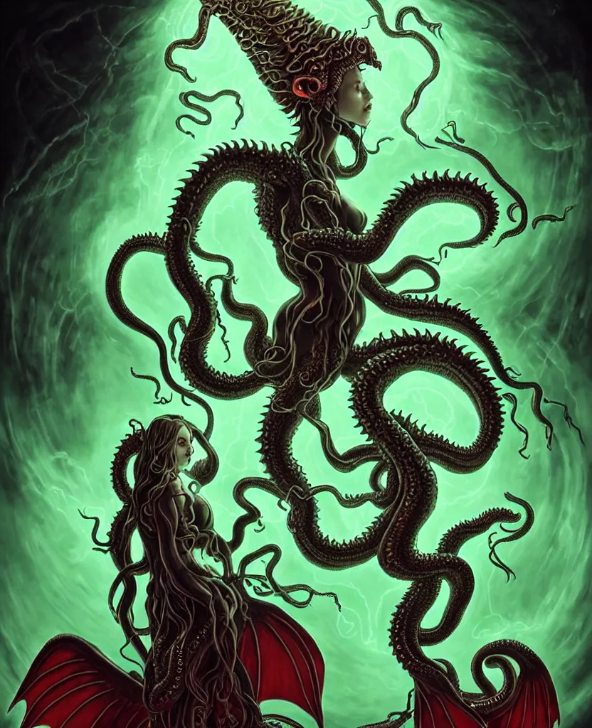 Image similar to lifelike portrait of an enchanting feminine cthulhu goddess with timeless beauty, breathtaking glowing eyes & huge dragon wings that have a bioluminescent glow, she is wearing victorian gothic apparel a glowing green plasma sword in her hand, red moon rising in behind her with many tentacles protruding from the shadow to frame the image, 8k, biblical mana art, unbeatable coherency, highly intricate digital art, incomprehensible and perspicious detail, unbeatable quality, silent hill aesthetic, lifelike, 8k, unbeatable coherency, HP Lovecraft, by Reivash & AyyaSAP on deviantart