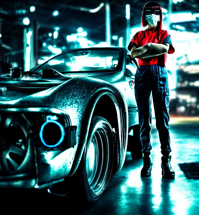 Prompt: a photo close up a female mechanic standing next to cyberpunk car,, wearing mask, cyberpunk garage, cyberpunk gunma prefecture, midnight, photorealistic, cinematic color, studio lighting, highly detailed, bokeh, style by tomino - sama