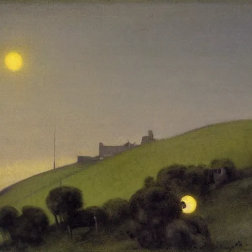 Image similar to dark solar eclipse, above a village, highly detailed, studio 4 k quality, by ramon casas