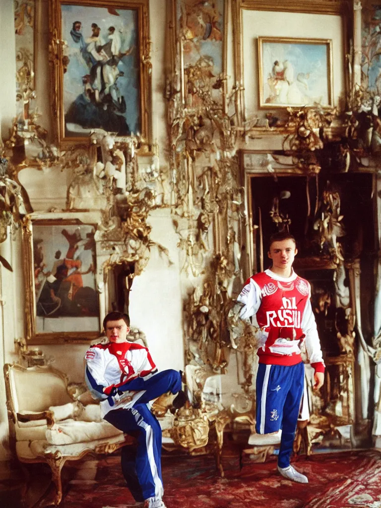 Prompt: olympic russian athlete young man posing in his living room, his grandparents are sitting on the coach behind him, kodachrome photograph by Russian painter master, oil on canvas, 1987.