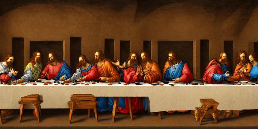 Prompt: the last supper of robots as apostles in leonardo da vinchi style. digital art, artstation, concept art, smooth, sharp focus, illustration, art by leonardo da vinci