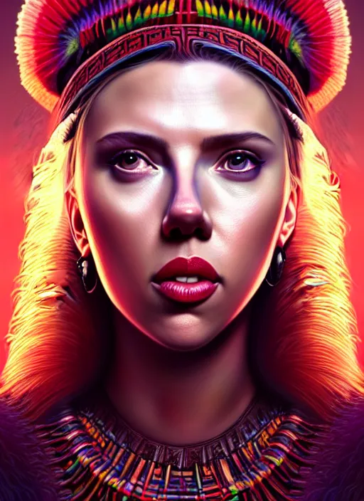 Image similar to portrait of scarlett johansson, hyper detailed ultra sharp aztec shaman warrior. trending on artstation, warpaint aesthetic, bloodwave, colorful, psychedelic, ornate, intricate, digital painting, concept art, smooth, sharp focus, illustration, art by artgerm and greg rutkowski and h. r. giger, 8 k