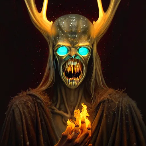 Image similar to translucent Wendigo with flaming eyes, veiled in mist, heroic lighting, dark fantasy, intricate, elegant, highly detailed, lifelike, photorealistic, digital painting, artstation, illustration, concept art, smooth, sharp focus, art by John Collier and Albert Aublet and Krenz Cushart and Artem Demura and Alphonse Mucha