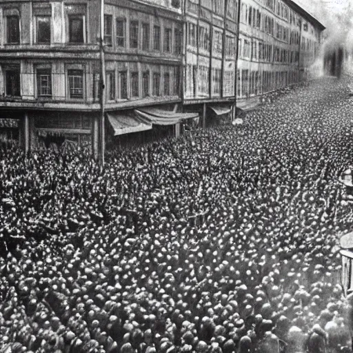 Image similar to Historical footage of a riot caused by Minions, Nuremberg 1930s, grainy, detailed