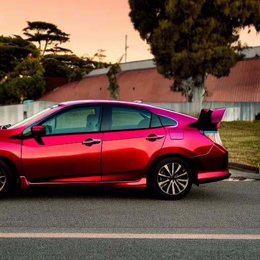 Prompt: a photo of a Honda Civic with anime decals on it in the Bay Area California, dusk, dramatic lighting, 100mm, Nikon