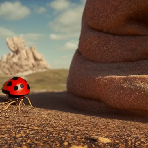 Image similar to promotional still wide angle, a mountain - sized ladybug roams a barren wasteland, dramatic lighting, ( e. t. the extra - terrestrial ), batteries not included, harry potter, octane 3 d render, imax, 7 0 mm.