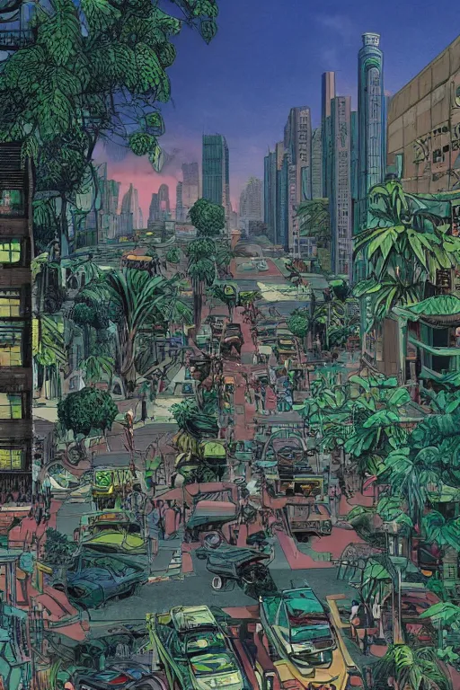 Prompt: full page comic book drawings of desolate city scenes urban jungle zoo on a hot summer evening, tropical color palette, by carel willink and gregory crewdson, comic book panels, octane render