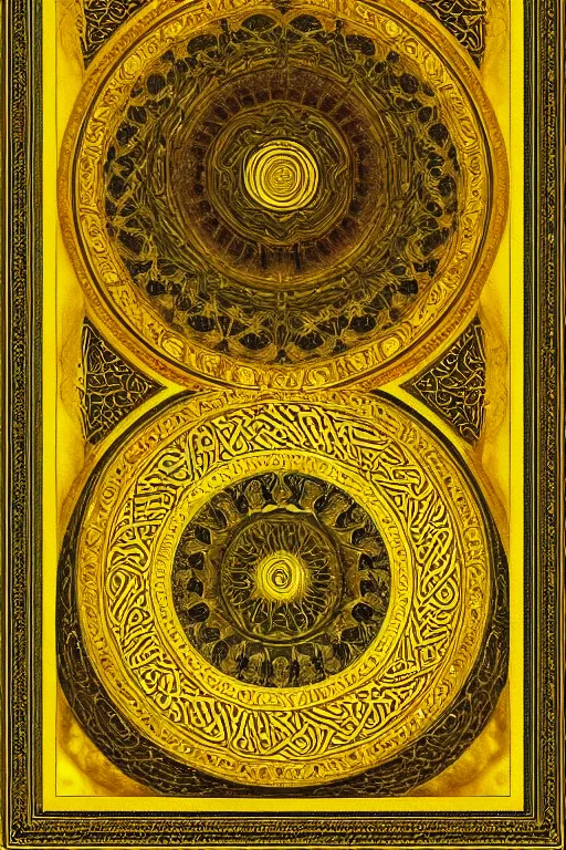 Prompt: islamic symmetric geometric fractals, fibonacci, quantum, golden sharp atomic, by michaelangelo