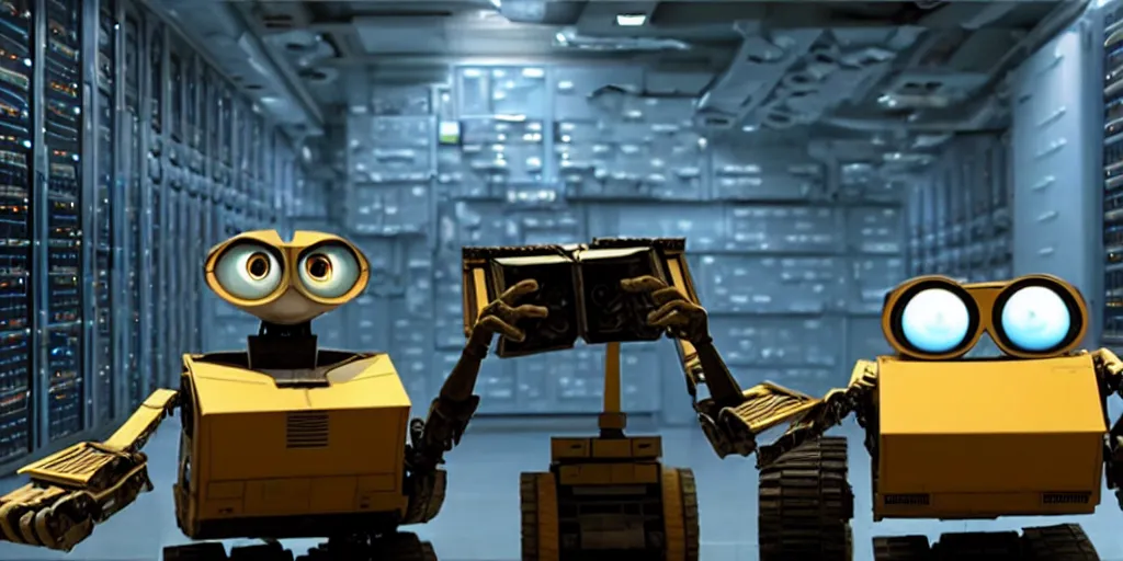 Image similar to wall - e in big server room high - detalysed shot from george lucas movie