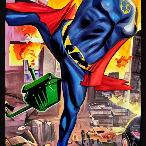 Image similar to detailed photorealistic comic book cover about mr trash man in the style of alex ross, gouache and wash paints color