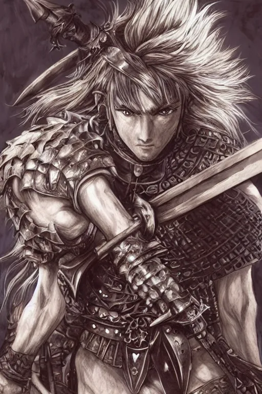 Image similar to A realistic anime portrait of a young handsome male barbarian with long wild hair, intricate fantasy spear, plated armor, D&D, dungeons and dragons, tabletop role playing game, rpg, jrpg, digital painting, by Yoshitaka Amano and Ayami Kojima and Akihiko Yoshida and Yusuke Murata and Kentaro Miura, concept art, highly detailed, promotional art, HD, digtial painting, trending on ArtStation, golden ratio, rule of thirds, SFW version