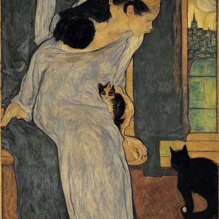 Image similar to close portrait of woman in night gown with cat, with city with gothic cathedral seen from a window frame with curtains. thunderstorm. caravaggio, egon schiele, bonnard, henri de toulouse - lautrec, utamaro, monet