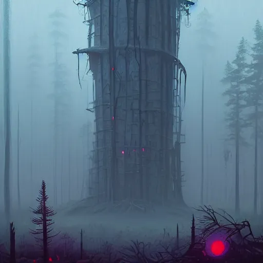 Image similar to Monumental old ruins tower of a dark misty forest, overcast, sci-fi digital painting by Simon Stålenhag