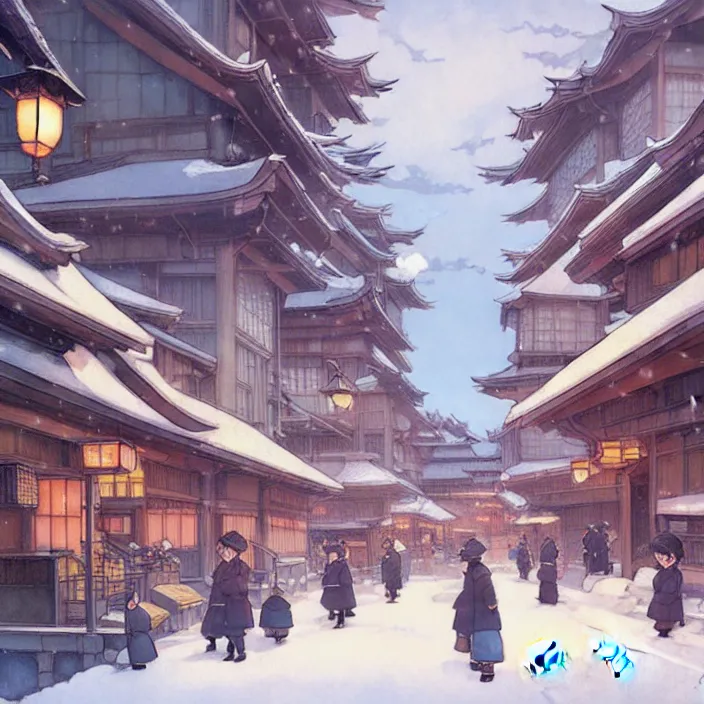 Image similar to japanese city, winter, in the style of studio ghibli, j. c. leyendecker, greg rutkowski, artem