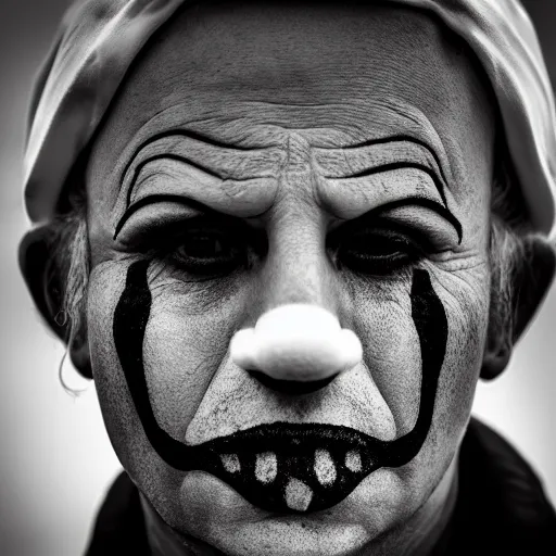 Prompt: a sad clown, dramatic portrait, high-contrast photograph, deep sadness, 4k, highly detailed