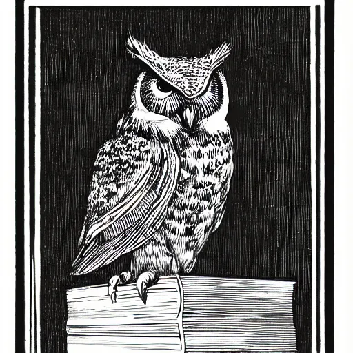 Image similar to an owl perched on a stack of books, art by james o barr and albrecht durer, woodblock print, black and white, vector
