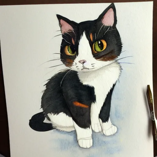 Prompt: a watercolour painting of a cute calico cat in style of ghibli