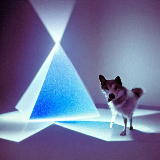 Image similar to blooming universal holographic village triangle corgie uth demon miso, by yves klein and warwick goble and evard munch, global illumination, quantum wavetracing, national geographic photo