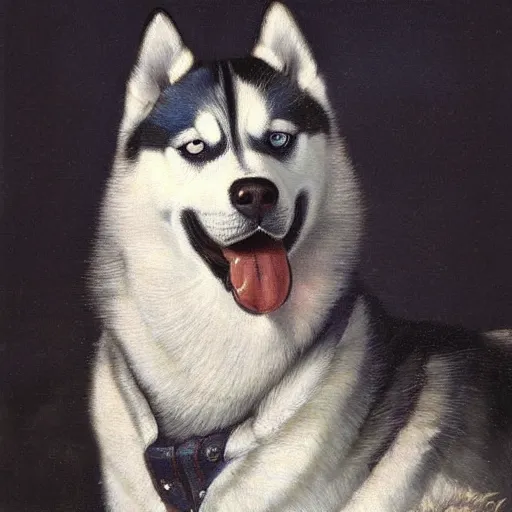 Prompt: A portrait painting of a siberian husky by Rembrandt