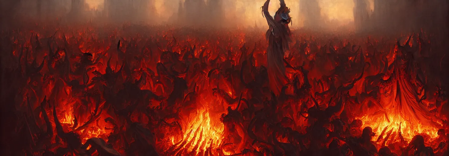 Image similar to Purgatory, fire in hell. A crowd of sinful people is burning in hell in hellfire. The gateway to the infernal underworld. Devils demons and ghouls torment sinful people, highly detailed, digital painting, artstation, concept art, smooth, sharp focus, illustration, art by artgerm and greg rutkowski and alphonse mucha