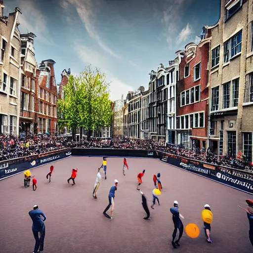 Prompt: petanque match next to prinsengracht, intricate detail, beautiful aesthetic, photorealistic, award winning professional petanque sports photography cinematic composition, volumetric noon lighting, rich colors, 8 k by rembrandt van rijn