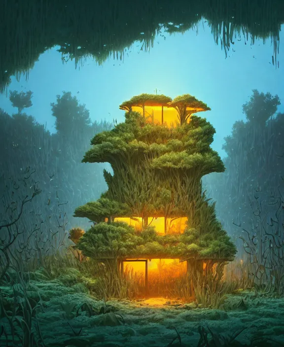 Image similar to minimalist building made from exotic fungus, overgrown with huge rare fungus, by dan mumford, yusuke murata, makoto shinkai, ross tran, underwater, hellish, cinematic, unreal engine, cel shaded, featured on artstation, pixiv