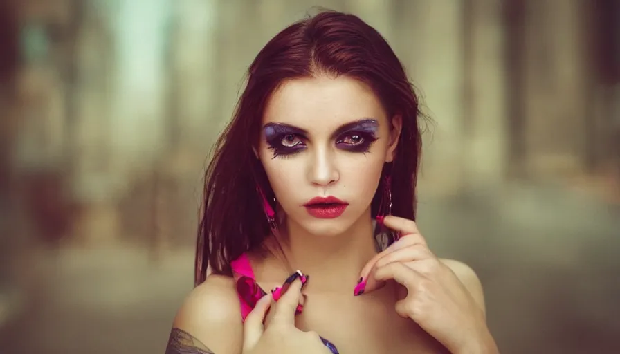 Image similar to a beautiful woman with beautiful face with piercing eyes and lips with a colorful background, cinematic lighting, establishing shot