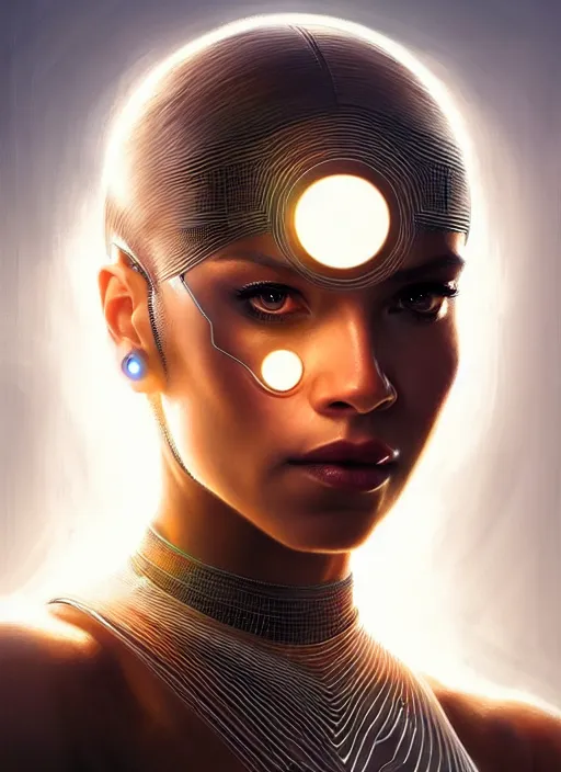 Prompt: portrait of female cyborg, shakira, intricate, elegant, glowing lines of light, highly detailed, digital painting, artstation, glamor pose, concept art, smooth, sharp focus, illustration, epic angle, art by artgerm and greg rutkowski, artey freytag