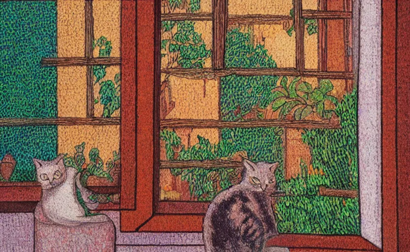 Image similar to sleeping cat on window, inside house in village, plants, beige color, brown, orange, pink, divisionism and pointillism style