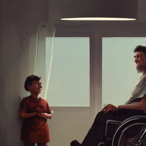 Image similar to a male patient in a wheelchair in the hospital with his wife and son standing by. happy, cheerful, smiling, intricate, sharp focus, artstation, cinematic lighting, 8 k, art by greg rutkowski