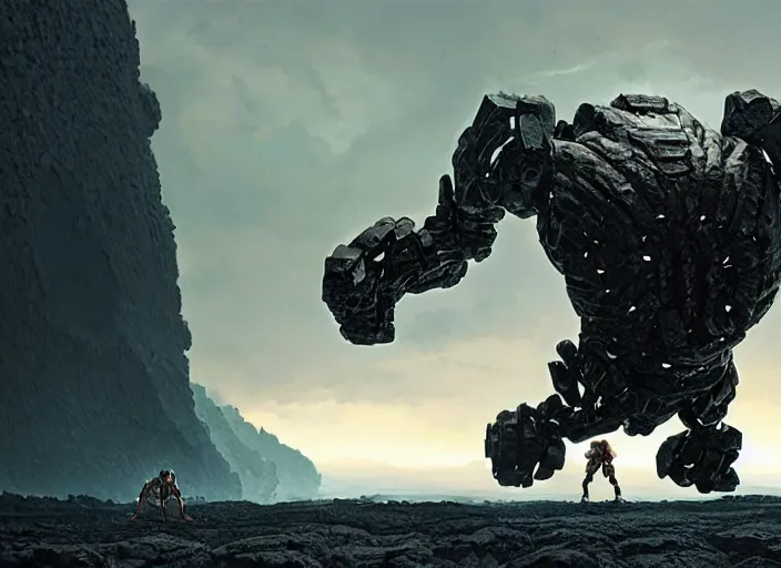 Image similar to epicly designed very muscular stone obsidian robot with human body fighting a deadly beast made from lava with background by greg rutkowski